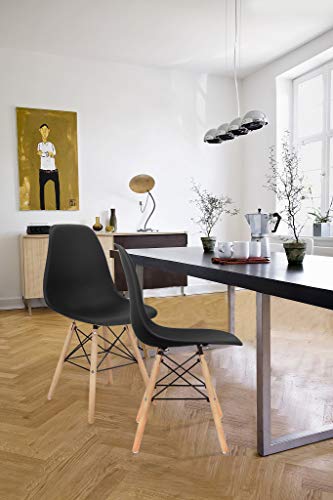 ExAchat A Set of 4 Scandinavian Design Plastic Dining Chairs with Natural Beech Legs for Dining Room, Bedroom, Lounge or Office. (Black)