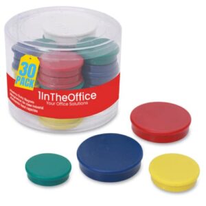 1intheoffice colored magnets, strong magnets, heavy duty magnets, round magnets, assorted size 3/4", 1-1/4" and 1-1/2", (30/pack)