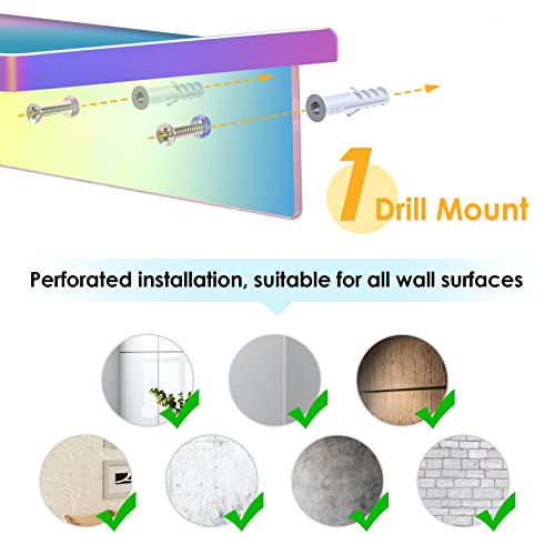 NiHome Wall Mount Rainbow Iridescent Floating Shelf - Acrylic Ledge Shelf with Edge 7.2"x3.7" Multi-purpose Organizer for Bathroom, Kitchen, Bedroom, Office, Adhesive Screw Mount Options (Single Pack)