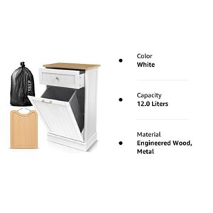 3BEP Tilt Out Trash Cabinet Bamboo Countertop |Under Counter Garbage | Pet Proof Trash Can Tilt Out Hamper, Free Bamboo Cutting Board, 50Pk 10-Gallon Trash Bags, White