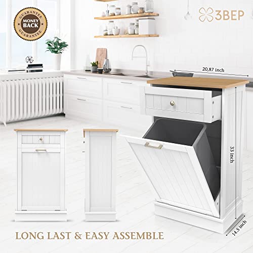 3BEP Tilt Out Trash Cabinet Bamboo Countertop |Under Counter Garbage | Pet Proof Trash Can Tilt Out Hamper, Free Bamboo Cutting Board, 50Pk 10-Gallon Trash Bags, White