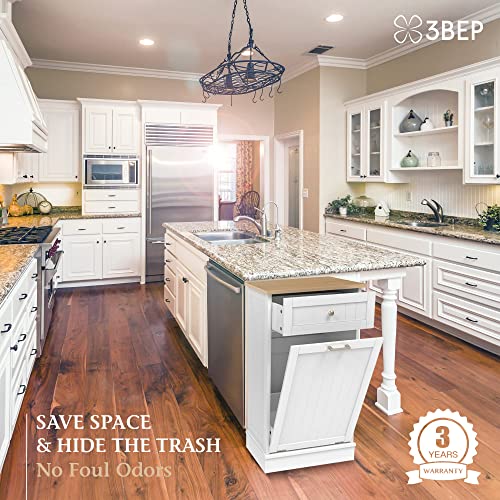 3BEP Tilt Out Trash Cabinet Bamboo Countertop |Under Counter Garbage | Pet Proof Trash Can Tilt Out Hamper, Free Bamboo Cutting Board, 50Pk 10-Gallon Trash Bags, White