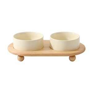 havniva ceramic elevated cat food and water bowl , kitty bowl , raised cat dish , cat feeder (2 x cream white + stand)