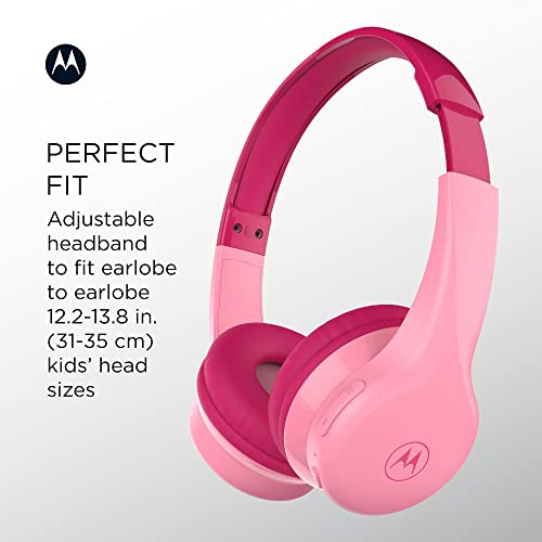 Motorola Moto JR300 Kids Bluetooth Headphones with Microphone - Lightweight Over Ear Wireless Headphones, Safe Volume Limit 85dB, Audio Splitter for Sharing - Ideal for School, Travel, Gaming - Pink