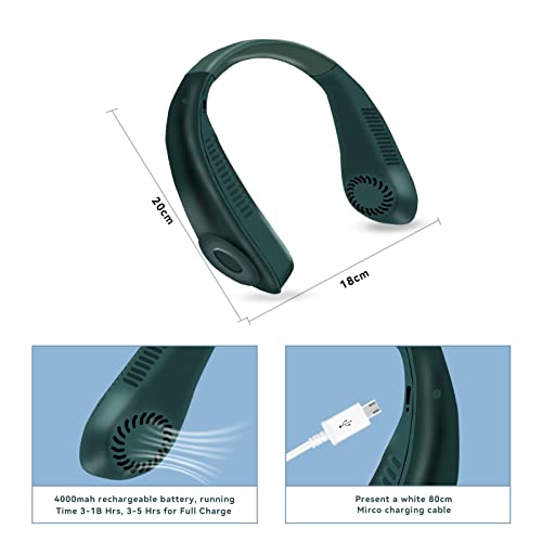 AUSXARON Portable Neck Fan, 4000 mAh Hands-Free Bladeless Fan, Free Adjustment Width, Wearable USB Rechargeable Cooling Fan, Headphone Design, 3 Adjustable Speeds - Dark Green