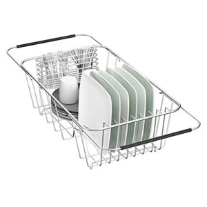 jaq small dish drying rack in sink adjustable 14.96" to 20.59", expandable 304 stainless steel metal dish drainer rack organizer with stainless steel utensil holder over sink counter (for 1-2 people)