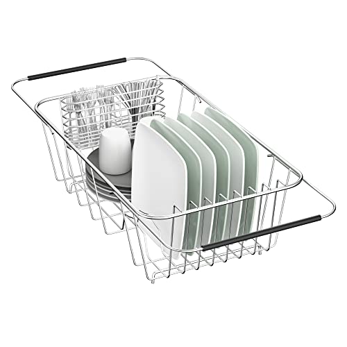 JAQ Small Dish Drying Rack in Sink Adjustable 14.96" to 20.59", Expandable 304 Stainless Steel Metal Dish Drainer Rack Organizer with Stainless Steel Utensil Holder Over Sink Counter (for 1-2 People)