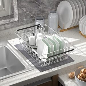 JAQ Small Dish Drying Rack in Sink Adjustable 14.96" to 20.59", Expandable 304 Stainless Steel Metal Dish Drainer Rack Organizer with Stainless Steel Utensil Holder Over Sink Counter (for 1-2 People)