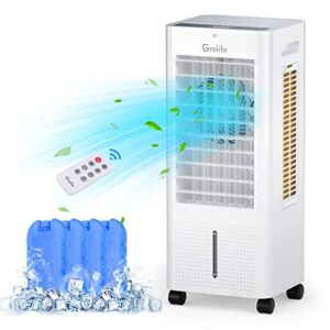 grelife evaporative air cooler, portable cooling fan with 75° oscillating, humidifying, 1.58gal water tank, 4 ice packs, remote control, 3 speeds, 12h timer, personal swamp cooler for room home office