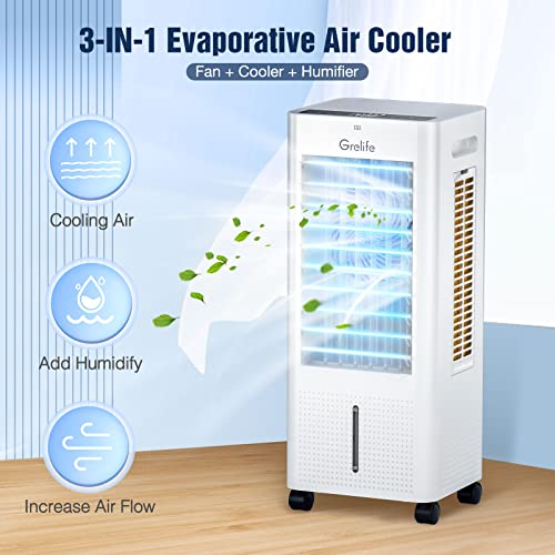 Grelife Evaporative Air Cooler, Portable Cooling Fan with 75° Oscillating, Humidifying, 1.58Gal Water Tank, 4 Ice Packs, Remote Control, 3 Speeds, 12H Timer, Personal Swamp Cooler for Room Home Office