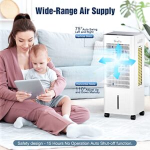 Grelife Evaporative Air Cooler, Portable Cooling Fan with 75° Oscillating, Humidifying, 1.58Gal Water Tank, 4 Ice Packs, Remote Control, 3 Speeds, 12H Timer, Personal Swamp Cooler for Room Home Office