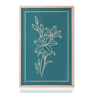 nelony botanical wall art with frame, 16"x24" minimalist wooden carved flower wall decorations, modern farmhouse aesthetic decor for home, living room, bedroom, office (teal green)