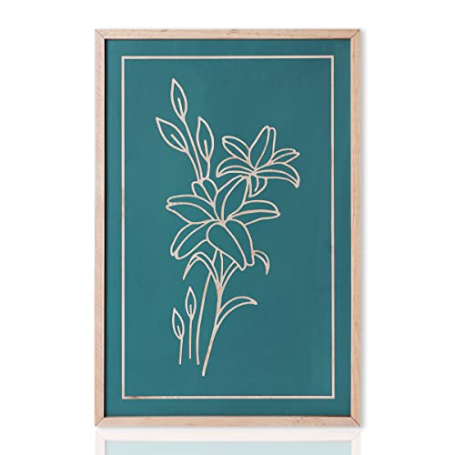 NELONY Botanical Wall Art with Frame, 16"x24" Minimalist Wooden Carved Flower Wall Decorations, Modern Farmhouse Aesthetic Decor for Home, Living Room, Bedroom, Office (Teal Green)