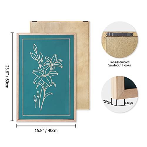 NELONY Botanical Wall Art with Frame, 16"x24" Minimalist Wooden Carved Flower Wall Decorations, Modern Farmhouse Aesthetic Decor for Home, Living Room, Bedroom, Office (Teal Green)