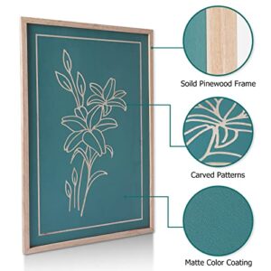 NELONY Botanical Wall Art with Frame, 16"x24" Minimalist Wooden Carved Flower Wall Decorations, Modern Farmhouse Aesthetic Decor for Home, Living Room, Bedroom, Office (Teal Green)