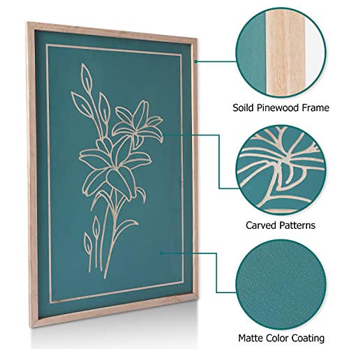 NELONY Botanical Wall Art with Frame, 16"x24" Minimalist Wooden Carved Flower Wall Decorations, Modern Farmhouse Aesthetic Decor for Home, Living Room, Bedroom, Office (Teal Green)