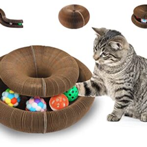 2pcs Magic Organ Cat Scratching Board with 4 Cat Ball Toys Foldable Cat Cordain Scratcher for Grinding Claw, Durable Interactive Cat Scratching Cardboard for Indoor Cats