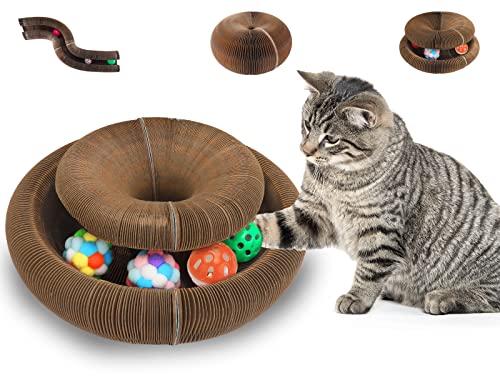 2pcs Magic Organ Cat Scratching Board with 4 Cat Ball Toys Foldable Cat Cordain Scratcher for Grinding Claw, Durable Interactive Cat Scratching Cardboard for Indoor Cats