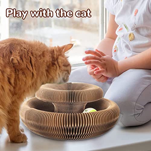 2pcs Magic Organ Cat Scratching Board with 4 Cat Ball Toys Foldable Cat Cordain Scratcher for Grinding Claw, Durable Interactive Cat Scratching Cardboard for Indoor Cats