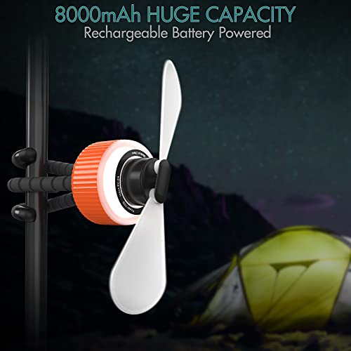 Portable Camping Ceiling Fan with Lights and Remote, 8000mAh Rechargeable Battery Powered Fan with 3 Speeds, Small Tent Fan with Flexible Tripod, USB Outdoor Fan for RV Gazebo Travel Patio Umbrella