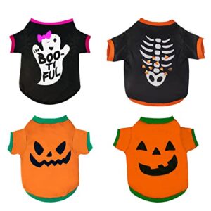 sgqcar 4pieces dog halloween shirts soft cotton ghost skeletons dog t-shirt funny pet pumpkin head costume for small dogs puppy cosplay apparel (pumpkin, large)