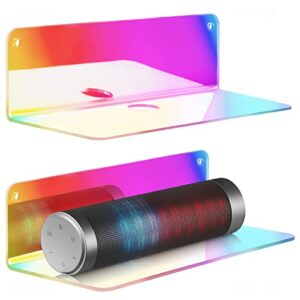 nihome iridescent floating shelves with cable clips - set of 2, small wall-mounted acrylic rainbow display racks for stylish home storage in bedrooms, bathrooms, living rooms, game rooms and offices