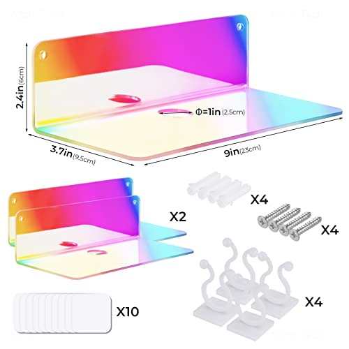 NiHome Iridescent Floating Shelves with Cable Clips - Set of 2, Small Wall-Mounted Acrylic Rainbow Display Racks for Stylish Home Storage in Bedrooms, Bathrooms, Living Rooms, Game Rooms and Offices