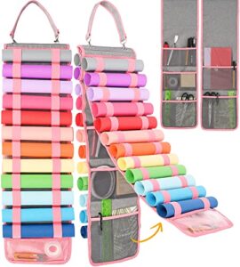 finesun vinyl roll holder, criсut accessories, vinyl storage with visible pocket, vinyl holder with 24 elastic compartments, vinyl organizer for cricut tools, gift wrap organizer, pink& grey (pink)