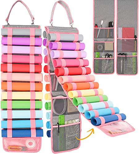 FINESUN Vinyl Roll Holder, Criсut Accessories, Vinyl Storage with Visible Pocket, Vinyl Holder with 24 Elastic Compartments, Vinyl Organizer for Cricut Tools, Gift Wrap Organizer, Pink& Grey (Pink)