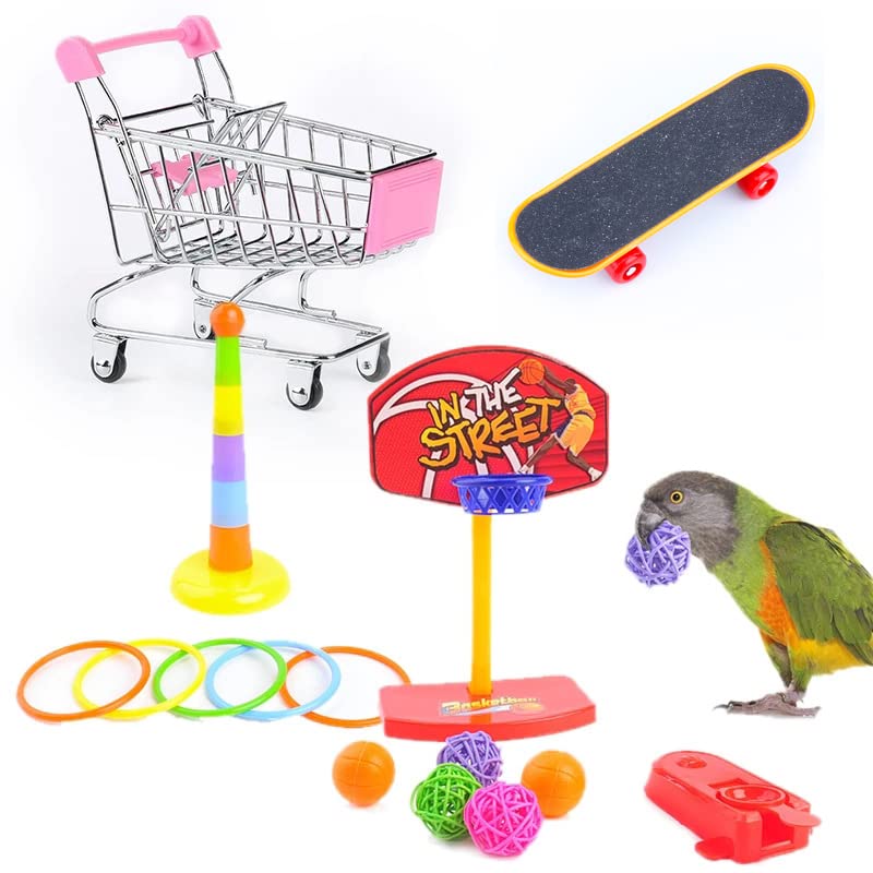 ActionEliters Bird Toys for Parakeets, 6pcs Parrot Toys Set with Bird Basketball Toy, Bird Skateboard, Bird Trolley, Bird Ring Bucket Toys, Parakeet Toys for Bird Training Toys