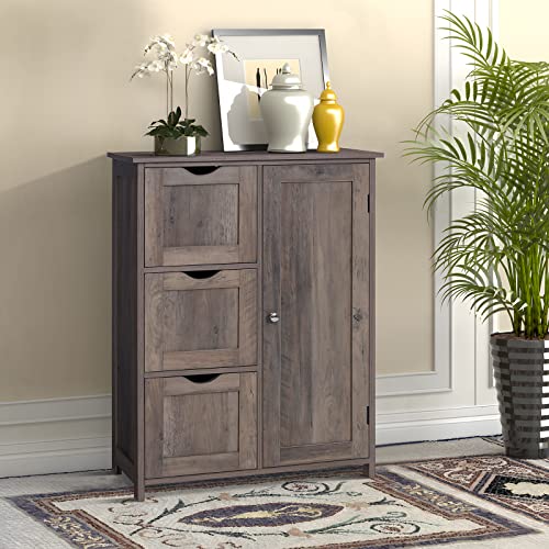 Iwell Floor Storage Cabinet with 1 Door & 3 Large Drawers, Wooden Storage Cabinet with Adjustable Shelf for Living Room, Office, Kitchen, Rustic Oak