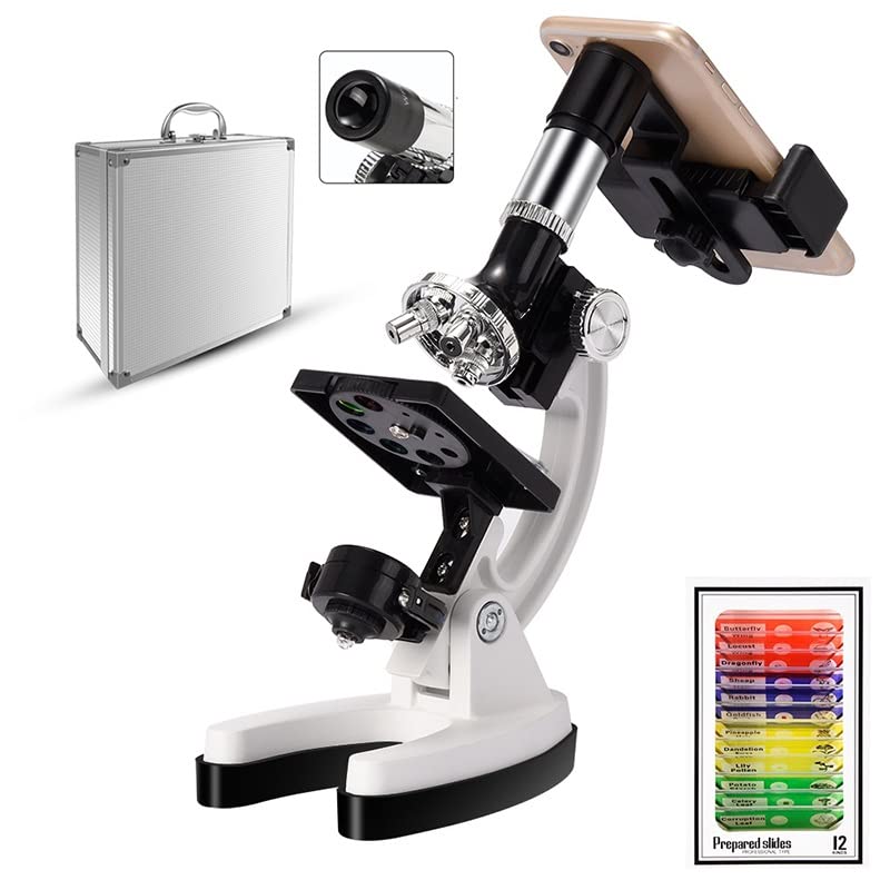 Microscope Kit 300X-600X-1200X Microscope Metal Body LED/Mirror Light Source with Carrying Alloy Storage Box Microscope Lens Adapters (Color : Set One, Magnification : 300X-600X-1200X)