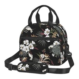 gamsjm hibiscus insulated lunch bags for women men - large reusable lunch tote with adjustable shoulder belt -waterproof white flower lunch box cooler bag for adult/kids