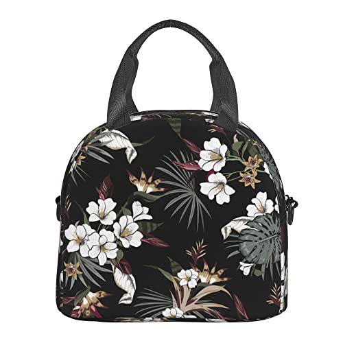 GAMSJM Hibiscus Insulated Lunch Bags for Women Men - Large Reusable Lunch Tote with Adjustable Shoulder Belt -Waterproof White Flower Lunch Box Cooler Bag for Adult/Kids