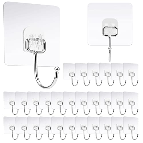 Adhesive Hook Kitchen Wall Hook - for Hanging 23lb Self Adhesive Hook Transparent Seamless Hook, Waterproof and Oil Resistant Bathroom Shower Outdoor Kitchen Door Home Decor Adhesive Hook(30 Hooks)