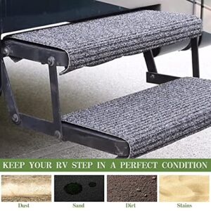 RV Steps Covers Rugs 3 Pack, 22 Inch Wide RV Camper Step Stair Covers, Wrap Around Camper Stair Rugs Radius Carpet with Spring Hooks, Grey