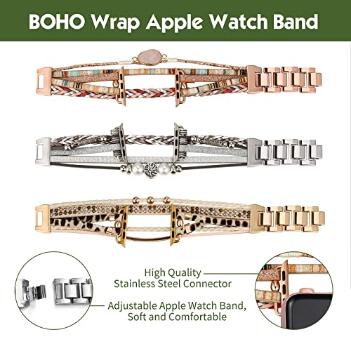 CHARMINGO Boho Leather Wrap Bands Compatible with Apple Watch Band Bracelet for Women Men 38mm/40mm/41mm, Multilayer Apple Watch Strap for Iwatch Band Series 8/7/6/5/4/3/2/1/SE Ultra