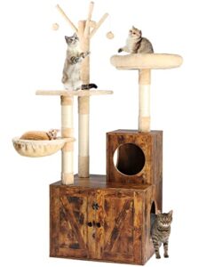 timberer litter box enclosure with cat tree, wooden cat house with cat tree tower, hidden cat litter box furniture with scratching post, modern cat condo, rustic brown