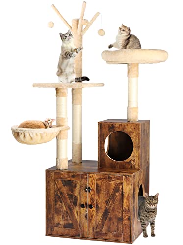 Timberer Litter Box Enclosure with Cat Tree, Wooden Cat House with Cat Tree Tower, Hidden Cat Litter Box Furniture with Scratching Post, Modern Cat Condo, Rustic Brown