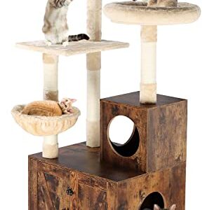 Timberer Litter Box Enclosure with Cat Tree, Wooden Cat House with Cat Tree Tower, Hidden Cat Litter Box Furniture with Scratching Post, Modern Cat Condo, Rustic Brown