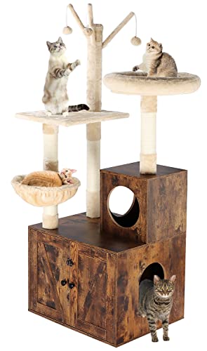 Timberer Litter Box Enclosure with Cat Tree, Wooden Cat House with Cat Tree Tower, Hidden Cat Litter Box Furniture with Scratching Post, Modern Cat Condo, Rustic Brown