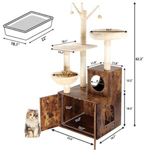 Timberer Litter Box Enclosure with Cat Tree, Wooden Cat House with Cat Tree Tower, Hidden Cat Litter Box Furniture with Scratching Post, Modern Cat Condo, Rustic Brown