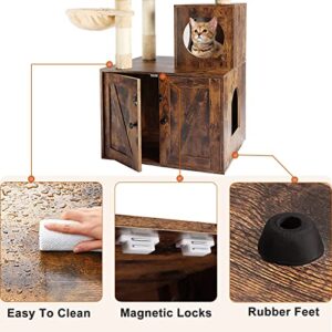 Timberer Litter Box Enclosure with Cat Tree, Wooden Cat House with Cat Tree Tower, Hidden Cat Litter Box Furniture with Scratching Post, Modern Cat Condo, Rustic Brown