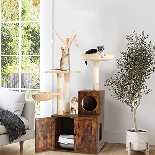 Timberer Litter Box Enclosure with Cat Tree, Wooden Cat House with Cat Tree Tower, Hidden Cat Litter Box Furniture with Scratching Post, Modern Cat Condo, Rustic Brown