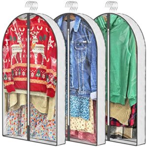 hiin 40" garment bags for hanging clothes storage with 4" gussetes clear suit bags for closet storage, cover for jackets sweaters shirts coat, 3 packs