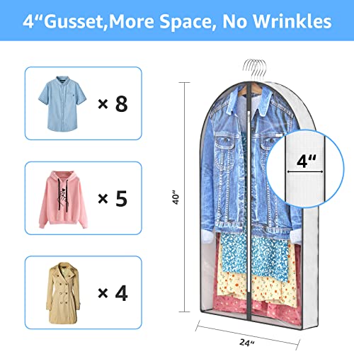 HIIN 40" Garment Bags for Hanging Clothes Storage with 4" Gussetes Clear Suit Bags for Closet Storage, Cover for Jackets Sweaters Shirts Coat, 3 Packs