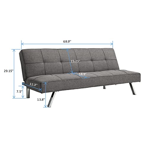 Majnesvon Convertible Folding Futon Sofa Bed,Modern Fabric Sleeper Couch Bed,Recliner Sofa with Chrome Legs for Living Room Dorms Apartment Office Grey