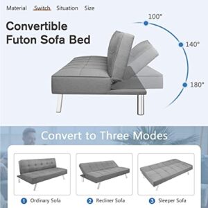 Majnesvon Convertible Folding Futon Sofa Bed,Modern Fabric Sleeper Couch Bed,Recliner Sofa with Chrome Legs for Living Room Dorms Apartment Office Grey