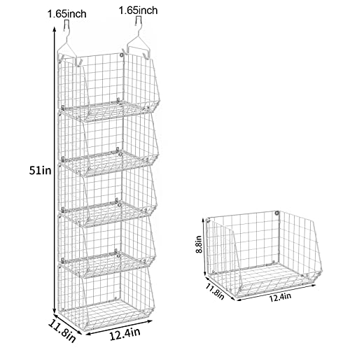 5 Tier Closet Hanging Organizer, Clothes Hanging Shelves with 4 Hanging Hooks 5 S Hooks, Wire Storage Basket Bins, for Clothing Sweaters Shoes Handbags Clutches Accessories Patent Design-White