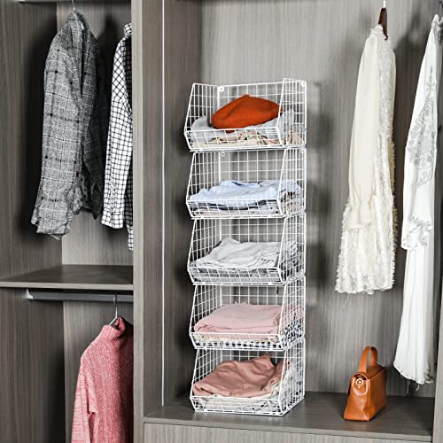 5 Tier Closet Hanging Organizer, Clothes Hanging Shelves with 4 Hanging Hooks 5 S Hooks, Wire Storage Basket Bins, for Clothing Sweaters Shoes Handbags Clutches Accessories Patent Design-White